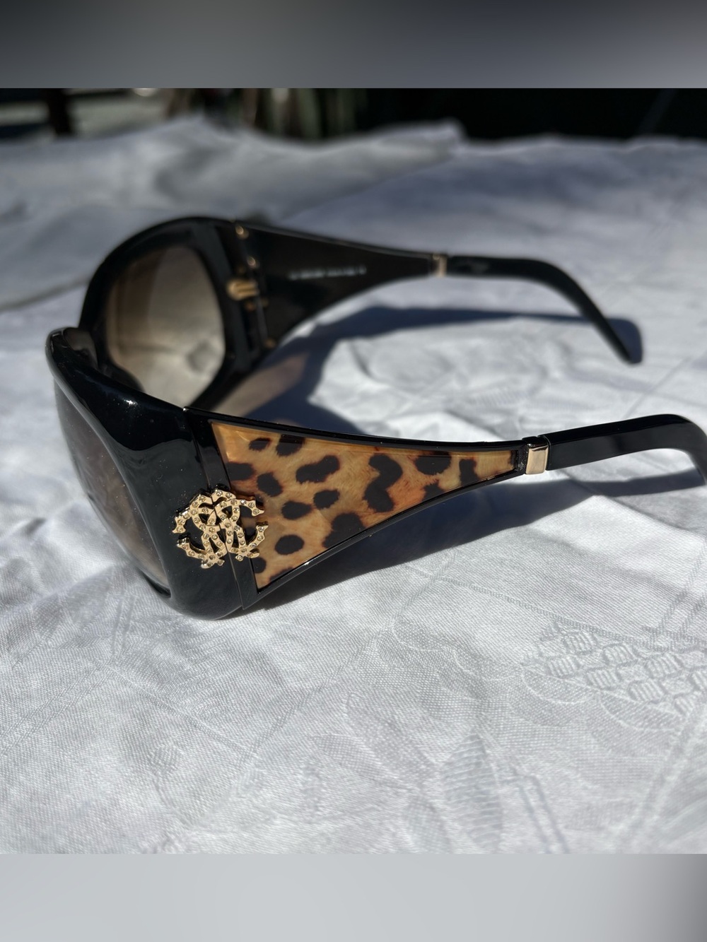 Roberto Cavalli Black Sunglasses with Leopard Accent and Gold Logo